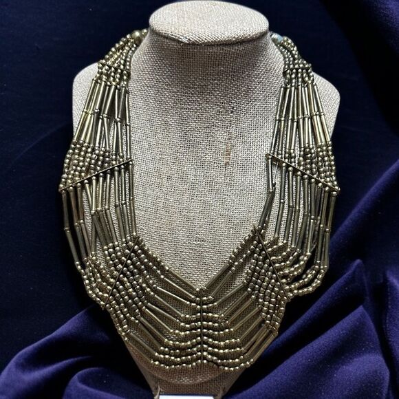 Vintage Bronze Art Deco Multi-Strand Beaded Necklace with V-Shape Design 22” - Picture 1 of 5
